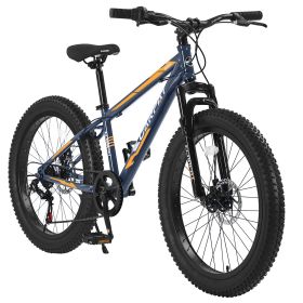 24 Inch Fat Tire Bike Adult/Youth Full Shimano 7 Speeds Mountain Bike, Dual Disc Brake, High-Carbon Steel Frame, Front Suspension, Mountain Trail Bike (Color: grey)