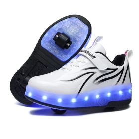Kids LED USB Rechargeable Single Wheels Skates Shoes (Color: Black, size: 31)