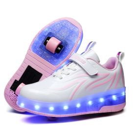 Kids LED USB Rechargeable Single Wheels Skates Shoes (Color: pink, size: 41)
